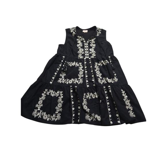 Calling June Embroidered Floral Black Dress LARGE Clean EUC Cotton/Linen - Picture 3 of 12